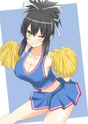alternate_costume artist_request asuka_(senran_kagura) bare_shoulders black_hair blue_background blue_skirt blue_tank_top breasts cheerleader cleavage collarbone covered_nipples female hair_ribbon highres holding holding_pom_poms large_breasts long_hair looking_at_viewer midriff one_eye_closed pom_pom_(cheerleading) ponytail ribbon senran_kagura skirt smile tank_top thighs white_ribbon yellow_eyes