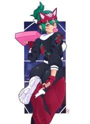 1girls 2d 2d_(artwork) artist_request ass athleisure_kiriko back_view big_ass breasts brown_eyes clothed clothed_female clothing curvy curvy_female curvy_figure donut female female_only fingerless_gloves food fox_ears fully_clothed gloves green_hair hair_between_eyes hairbow huge_ass kiriko_(overwatch) large_ass leg_up leggings lowres overwatch ponytail shoes simple_background skin_tight solo solo_female thick_thighs thighs tight_clothing white_background wide_hips yoga_pants