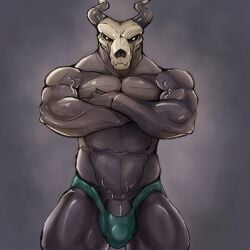 barazoku bone bulge clothed clothing crossed_arms digital_drawing_(artwork) digital_media_(artwork) genitals hi_res horn jockstrap jockstrap_only looking_at_viewer male mitch_b muscular muscular_male navel penis skull skull_head solo topless underwear underwear_only