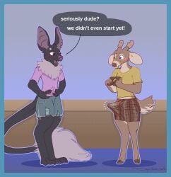 2025 absurd_res ambiguous_gender anthro antlers barefoot bat blue_eyes blush bottomwear brown_hooves brown_nose clothed clothing deer denim denim_bottomwear denim_clothing denim_shorts dialogue digital_drawing_(artwork) digital_media_(artwork) digitigrade duo dyyrlysh ear_piercing ears_down embarrassed english_text erin_(erinthebat) fangs feet fingers fully_clothed hi_res hooved_fingers hooves horn index_to_index kristoffer_everglade male male/ambiguous mammal multicolored_eyes new_world_deer open_mouth open_smile pantsless piercing pink_blush pink_clothing pink_shirt pink_t-shirt pink_topwear pivoted_ears plaid_boxers purple_eyes purple_inner_ear purple_nose purple_tongue ruff shirt shorts shy smile snout speech_bubble standing t-shirt tail tail_tuft tan_antlers tan_inner_ear teeth tenting text tongue topwear trans_(lore) trans_woman_(lore) tuft two_tone_eyes unguligrade white-tailed_deer yellow_clothing yellow_shirt yellow_t-shirt yellow_topwear