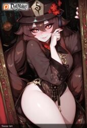 ai_generated black_hair blush breasts dollmaker dollmaker_(artist) female flower hat hu_tao_(genshin_impact) long_hair long_sleeves looking_at_viewer patreon_username qing_guanmao red_eyes ring smile solo tagme thighs very_long_hair watermark web_address