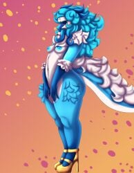 absurd_res anthro areola ass big_areola big_ass blue_body blue_hair blue_lips blue_nipples breasts chest_tuft clothing cloudy_(zortrex) covered_eyes covered_pussy dragon female fluffy fluffy_chest fluffy_hair fluffy_tail footwear fur furred_dragon furred_scalie hi_res high_heels horn lips multicolored_body mythological_creature mythological_scalie mythology nipples scalie shoes small_breasts solo tail thick_thighs tongue tongue_out tuft white_body white_fur wide_hips zortrex