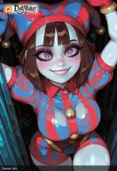 ai_generated blue_eyes blush breasts brown_hair dollmaker dollmaker_(artist) female heart heart-shaped_pupils patreon_username puffy_short_sleeves puffy_sleeves short_hair short_sleeves shorts smile solo sweat symbol-shaped_pupils tagme watermark wet