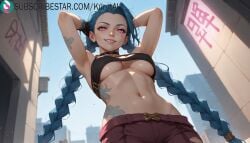 1girls ai_generated arcane arcane:_league_of_legends armpits arms_behind_head arms_up artist_name artist_signature blue_hair braid breasts from_below grin hi_res high_resolution highres jinx_(league_of_legends) kurutai league_of_legends long_hair looking_at_viewer navel outdoors pants pink_eyes smile solo stomach stomach_tattoo subscribestar subscribestar_username tattoo teeth twin_braids uncensored underboob very_long_hair