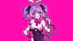 1girl animal at background bare blush bow bowtie breasts bunny collar cuffs detached ears eyes fake female fishnet fishnets grin hair hand handcuffs hatsune_miku heart hip leotard looking medium_nipples on ornament pantyhose pink playboy purple rabbit rabbit_hole_(deco*27/caststation) rabbit_hole_(vocaloid) ribbon shoulders smile solo strapless sutachanjam twintails viewer wrist