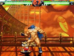 animal_head bara brutal_paws_of_fury crossover domestic_cat fight grabbing_penis king_of_fighters m.u.g.e.n male/male male_only muscular muscular_male nude penis psycho_kitty screencap screenshot tizoc video_games