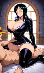 ai_generated big_breasts breasts busty closed_eyes clothed_sex clothing cowgirl cowgirl_position female huge_ass huge_breasts huge_thighs male mature_female monkey_d_luffy muscular muscular_male nico_robin on_top one_piece sex smile straw_hat sweat sweatdrop thick_thighs vaginal_penetration