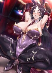 absurdres animal_ears areola_slip armpits arms_behind_head arms_up bare_shoulders black_gloves black_pantyhose blush breasts bukkake cameltoe cleavage clothing_cutout commentary_request cum detached_collar elbow_gloves fake_animal_ears fate/grand_order fate_(series) female gloves heart high_heels highleg highleg_leotard highres huge_breasts kuutamo leotard long_hair looking_at_viewer minamoto_no_raikou_(fate) navel navel_cutout necktie open_mouth pantyhose parted_bangs pink_pupils playboy_bunny purple_eyes purple_hair purple_leotard purple_shoes rabbit_ears rolling_eyes rope shoes smile solo spread_legs squatting sweat sweatdrop thighs trembling variant_set very_long_hair wrist_cuffs