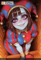 ai_generated bangs bench blush breasts brown_hair dollmaker dollmaker_(artist) dress female from_above gloves hat heart heart-shaped_pupils jester_cap looking_at_viewer medium_breasts patreon_logo patreon_username red_eyes short_hair smile solo striped symbol-shaped_pupils tagme watermark web_address wooden_floor
