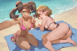 2girls aged_up ai_generated aksn ass beach bikini black_bikini blonde_hair blue_eyes blue_towel blush brown_hair day embarrassed female female_only green_eyes holding_phone kneeling large_breasts medium_breasts medium_hair narrow_waist on_side on_towel open_mouth outdoors peace_sign pink_bikini pokemon pokemon_xy sand sea selfie serena_(pokemon) shauna_(pokemon) skinny slim_waist smile thick_thighs towel twintails