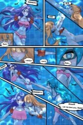 3girls air_bubbles big_breasts bikini blonde_hair blue_eyes blue_hair exposed grabbing grabbing_leg marima666_(artist) medium_breasts pool sinking small_breasts swimming_pool underwater water