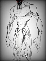 abbamusa410791 balls bara big_balls big_penis flaccid huge_cock male male_only monochrome muscles muscular nude penis precum precum_drip skinwalker