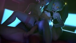 1boy 2girls 3d animated bisexual_female black_bra black_choker black_panties bra breasts choker clothing_aside colored_sclera colored_skin completely_nude cowboy_shot cowgirl_position cyberpunk_(series) cyberpunk_edgerunners cyborg eye_contact feet_out_of_frame ffm_threesome fingering from_below green_eyes green_hair grey_skin group_sex indoors large_breasts long_hair looking_at_another looking_down looking_to_the_side looping_animation lucy_(cyberpunk) multiple_girls nude open_mouth panties panties_aside penis petite purple_lips pussy rebecca_(cyberpunk) red_sclera rouge_nine sex sex_from_behind short_hair sitting sitting_on_person small_breasts spread_legs standing tagme threesome twintails uncensored underwear video white_hair