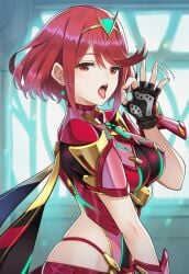 1girls ai_generated black_gloves bodysuit fellatio_gesture female fingerless_gloves gloves half-closed_eyes highres indoors motion_lines novelai open_mouth orange_eyes pyra pyra_(xenoblade) red_eyes red_hair short_hair skindentation solo tongue tongue_out xenoblade_(series) xenoblade_chronicles_(series) xenoblade_chronicles_2