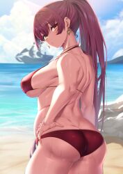 1girls ass ass_cleavage beach big_breasts big_thighs bikini breasts busty butt_crack earrings female female_only hololive hololive_fantasy hololive_japan houshou_marine huge_thighs large_thighs looking_back moisture_(chichi) pirate_ship solo solo_female swimsuit thick_thighs thighs virtual_youtuber voluptuous youtube