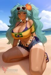 1girls 2d ai_generated aqua_hair ass barefoot big_ass big_breasts bikini bracelet brazilian_miku breasts dark-skinned_female earrings erophoenix eyewear_on_head feet full_body grin hair_flower hair_ornament hatsune_miku huge_breasts jewelry kneeling long_hair looking_at_viewer looking_back nail_polish patreon_username shorts smile soles solo solo_female sunglasses swimsuit tan tellow_shirt thick thick_thighs toes uncensored vocaloid