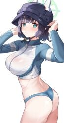 absurdres animal_ears aqua_eyes ass bikini bikini_bottom_only black_hair blue_archive blue_bikini blush breasts bucket_hat cowboy_shot fake_animal_ears female halo hat highres large_breasts looking_at_viewer nuebunny rabbit_ears rash_guard saki_(blue_archive) saki_(swimsuit)_(blue_archive) short_hair simple_background solo swimsuit wet white_background