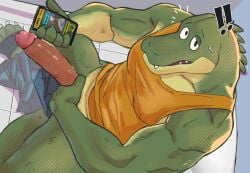 anthro anus ass balls bathroom beastsauc3 big_penis caught_in_the_act caught_masturbating clothing crocodile crocodilian crocs dating_app deer footwear genitals glans green_body green_scales hi_res looking_at_viewer looking_up looking_up_at_viewer male mammal masturbation muscular muscular_anthro muscular_male penile penile_masturbation penis public_restroom reptile scales scalie sexting shirt solo tank_top texting topwear