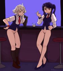 2girls bar boots bottomless cigarette dana_zane high_heels julianne_stingray looking_at_viewer multiple_girls nylonics purple_hair pussy suit va-11_hall-a white_hair