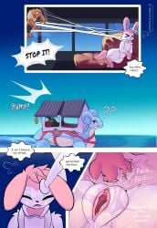 absurd_res after_sex animal_genitalia animal_penis black_clothing black_legwear bodily_fluids closed_eyes clothing coiled_up comic dialogue duo eevee eeveelution eti_(utopianvee) female feral fur generation_1_pokemon generation_6_pokemon genitals hand_on_pussy hi_res jenny_(utopian_vee) lapras larger_female larger_penetrated legwear male male/female nintendo not_happy penetration penis pinned pinned_to_wall pokemon pokemon_(species) pussy ribbons shiny_pokemon size_difference small_top_big_bottom smaller_male speech_bubble sweat sweat_drip sylveon utopianvee vulva