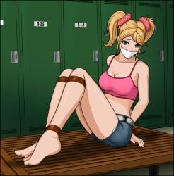 1girls alternate_version_at_source alternate_version_available barefoot belt blue_eyes blush bondage bound_legs bound_wrists cleavage feet female female_only gagged grasshopper_manufacture juliet_starling just_some_guy locker_room lollipop_chainsaw looking_at_viewer no_shoes panties rope rope_bondage scrunchie shorts shorts_only solo solo_female sports_bra tied_up twintails worried worried_expression zettai_ryouiki
