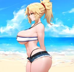 1girls ai_generated bangs beach blonde_hair blue_sky braid breasts curvy day denim denim_shorts fate/apocrypha fate_(series) green_eyes hair_ornament hair_scrunchie huge_breasts long_hair micro_shorts mordred_(fate) mordred_(fate)_(all) ocean outdoors ponytail racerai red_scrunchie sand scrunchie shore short_shorts shorts sky solo swimsuit thick_thighs thighs water