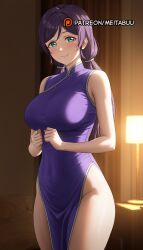 ai_generated aqua_eyes bare_arms bare_shoulders bed blush breasts china_dress chinese_clothes closed_mouth covered_navel cowboy_shot curtains desk_lamptoujou_nozomi dress female green_eyes groin indoors lamp large_breasts long_hair looking_at_viewer love_live! love_live!_school_idol_project low_twintails meitabuu no_panties parted_bangs pelvic_curtain purple_dress purple_hair side_slit sleeveless sleeveless_dress smile solo standing taut_clothes taut_dress thighs toujou_nozomi twintails