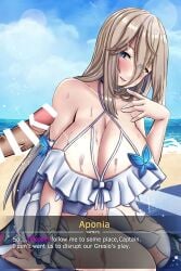 1boy :d aponia aponia_(mesmerizing_blue) bar_censor beach blue_eyes blue_sky breasts brown_hair captain_(honkai_impact) censored cleavage cloud cloudy_sky dress female highres honkai_(series) honkai_impact_3rd large_breasts long_hair looking_at_penis male mole mole_under_eye nipples open_mouth outdoors penis_awe sky smile solo_focus summer sundress water white_dress zero130rider