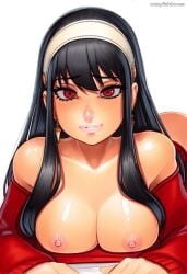 2025 ai_generated artist_name black_hair breasts crazyfishbones female large_breasts long_hair nipples red_eyes solo spy_x_family yor_briar