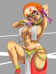 1girls breasts cleavage female frye_(splatoon) frye_(team_afternoon) inkling inkling_girl large_breasts looking_at_viewer navel nintendo open_mouth pointy_ears purple_tongue solo solo_female solo_focus splatfest splatoon splatoon_3 t2ukmyjm tentacle_hair thighs tongue