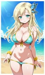 1girls ai_generated bare_shoulders beach bikini blonde_hair blue_bikini blue_eyes blue_fingernails blue_sky breasts butterfly_hair_ornament cleavage cleft_of_venus female female_focus female_only fingernails haganai hair_between_eyes khenai large_breasts long_hair looking_at_viewer navel ocean pixai pussy sand sena_kashiwazaki sidelocks solo swimsuit thighs