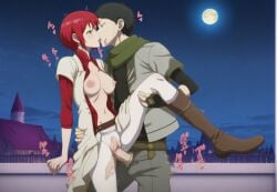 ai_generated akagami_no_shirayukihime big_dick black_hair brown_eyes fully_clothed green_eyes kissing looking_at_partner moonlight obi_(akagami_no_shirayukihime) one_leg_up passionate_sex red_hair red_shirt rooftop shirayuki_(akagami_no_shirayukihime) snow_white_with_the_red_hair standing_sex white_dress