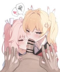 1boy 2girls absurdres ahoge anger_vein bar_censor blonde_hair blue_archive brown_eyes censored commentary_request cooperative_fellatio fellatio ffm_threesome group_sex heart highres holding_hands interlocked_fingers koubayasi licking licking_penis looking_at_viewer multiple_girls natsu_(blue_archive) oral penis pink_eyes pink_hair pov pov_crotch side_ponytail simple_background speech_bubble spoken_heart spoken_squiggle squiggle straight teamwork_(sexual) threesome tongue twintails white_background yoshimi_(blue_archive)