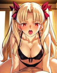1boy 1girls ai_generated black_bra black_panties black_underwear bra ereshkigal_(fate) fate/grand_order fate_(series) oncetwice open_mouth panties pov straddling underwear