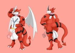 balls claws cock_ring digimon exveemon fusion guilmon horn large_penis male_focus male_only muscular muscular_male nelsonnoir penis red_scales scalie solo_male spiked_collar tail tail_ring wings