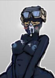 1girls areolae bald big_breasts black_body blue_nipples blush breasts cum cum_on_breasts cum_on_face deepwoken facial female ganymede_(deepwoken) goggles naked nipples roblox roblox_game self_upload stomach tagme yellow_eyes