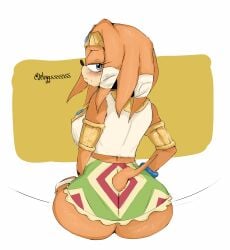 1girls anthro anthro_female armband ass ass_bigger_than_head ass_focus big_ass blush breasts crop_top female fully_clothed gold_(metal) gold_jewelry headband jeteggs jewelry large_ass large_breasts looking_back mobian mobian_(species) necklace solo solo_female solo_focus sonic_(series) sonic_the_hedgehog_(series) tail thick thick_ass thick_thighs tikal_the_echidna worried worried_expression