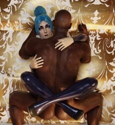 1boy 1boy1girl 1girls 3d bedroom blue_hair dark-skinned_male dark_skin defaultblend dota dota_2 female high_heels human human_only interracial leggings legs_together light-skinned_female light_skin looking_at_viewer luna_(dota) male male_penetrating male_penetrating_female mating_press missionary_position nude nude_female nude_male open_mouth orgasm ponytail purple_eyes sex sleeves straight thick_legs thick_thighs thighs valve valve_(company) voluptuous