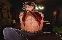 1boy 2024 2d athletic athletic_male blush blush_lines breasts breasts_out clothed clothes_lift clothing digital_drawing_(artwork) digital_media_(artwork) looking_back male male_focus male_only muscles muscular muscular_male no_visible_genitalia roblox roblox_background roblox_game roblox_horror_games the_butchery white_skin william_(the_butchery)
