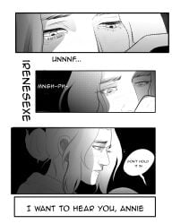 2girls annie_leonhardt attack_on_titan biting_lip biting_own_lip black_hair black_hair_female blonde_female blonde_hair blonde_hair blonde_hair_female blush blush comic cunnilingus female female/female implied_cunnilingus implied_oral irenesexe lesbian_sex page_1 pieck_finger shingeki_no_kyojin speech_bubble tagme yuri