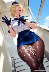 ai_generated annie_leonhardt attack_on_titan balecxi blonde_hair blue_eyes blue_skirt blue_sky cleavage cum_on_clothes female finger_to_mouth gloves hat large_breasts looking_at_viewer one_eye_closed pantyhose patreon_username shingeki_no_kyojin shirt short_sleeves shushing smile solo thighs underwear