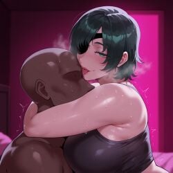 1boy ai_generated bald black_hair blush breasts chainsaw_man eyepatch female green_eyes himeno_(chainsaw_man) hug kissing large_breasts looking_at_viewer shinbar short_hair straight sweat tongue tongue_out