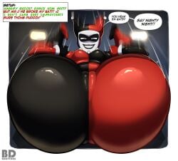 1girls 2boys ass_bigger_than_head ass_focus background batman batman:_the_animated_series batman_(bruce_wayne) batman_(series) big_ass bootydox bottom_heavy bruce_wayne child_bearing_hips clothed clown clown_girl clown_makeup costume dc dcau dialogue fat_ass female fight harley_quinn harley_quinn_(classic) jester joker male motion_blur offscreen_character offscreen_male outline pov tagme text