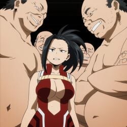 1girls 4boys ai_generated aibooby big_breasts black_eyes black_hair breast_grab breasts covered_mouth female hero_outfit_(mha) heroine imminent_gangbang imminent_rape imminent_sex leotard male momo_yaoyorozu multiple_boys my_hero_academia ponytail scared sweat ugly_bastard