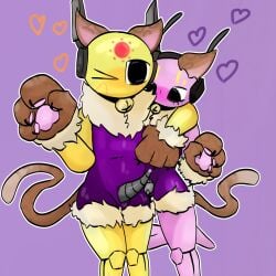 absurd_res arm_around_neck blush bodily_fluids cat_outfit chastity_cage chastity_device clothed clothing collar duo genital_fluids genitals heart_symbol hi_res inschaal iterator_(rain_world) looking_at_genitalia looking_at_penis looking_at_viewer machine male male/male neck_tuft one_eye_closed open_clothing pawpads penis precum presenting rain_world robot tail tuft videocult wink winking_at_viewer