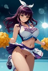 ai_generated brown_eyes cheerleader fairy_tail hair_ribbon hime_cut illustrious_(stable_diffusion) jumping kagura_mikazuchi large_breasts long_hair looking_at_viewer payop pubic_hair purple_hair pussy skirt solo spread_arms tank_top uncensored