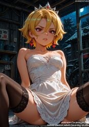 ai_generated arm_support bangs bare_shoulders black_legwear black_thighhighs blonde_hair blush breasts briar_(pokemon) clavicle cleavage clothing collarbone crown dress earrings elbow_gloves female female female_only full_moon game_freak hair_between_eyes headwear indoors jewelry jousneystudio large_breasts legwear lingerie lips looking_at_viewer medium_breasts night original parted_lips pokemon pokemon_sv red_eyes short_hair sitting sky small_breasts solo spread_legs strapless strapless_dress thighhighs thighs tiara v-shaped_eyebrows white_dress window