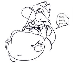 anthro belly belly_rub black_and_white earrings english_text female looking_at_viewer raccoon rebecca_(whaatzit) tail vore vore_belly whaatzit white_eyes
