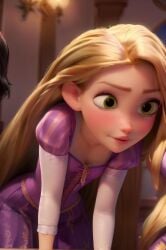 ai_generated blonde_hair blurry breasts dress female green_eyes lips long_hair solo