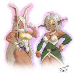 2020 2girls abs aisha_clanclan animal_ears breasts circlet cleavage crossover dark-skinned_female dark_skin female female_only fully_clothed gage green_eyes humanoid large_breasts leotard long_hair mirko miruko muscle muscles muscular muscular_female my_hero_academia outlaw_star rabbit_girl rabbit_humanoid red_eyes rumi_usagiyama shounen_jump toned toned_female white_hair